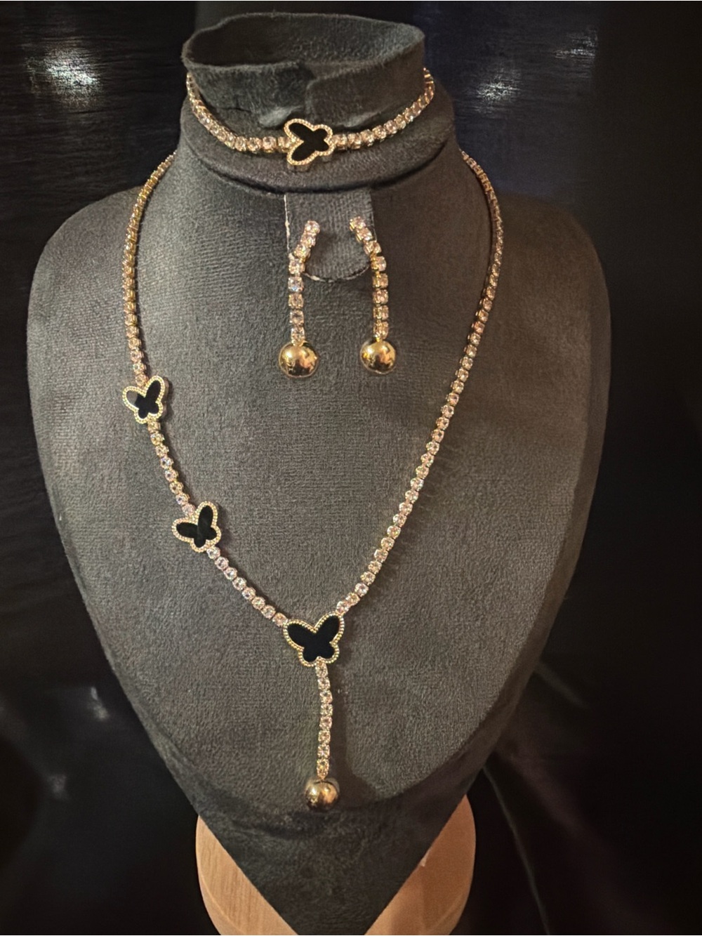 Gold Butterfly Crystal Necklace Set in Black - Women Jewelry